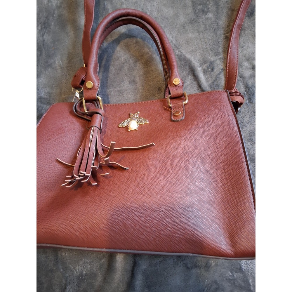 Brown Structured Satchel Bee Accent Tassel Gold Hardware Top Handle Shoulder Bag - Picture 5 of 16